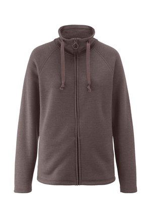 Braune Fleecejacke mit Reißverschluss, langen Ärmeln, hohem Kragen und verstellbaren Kordeln am vorderen Halsbereich.