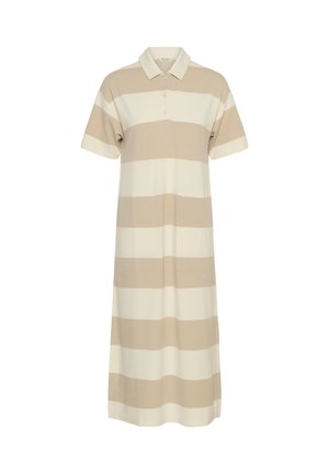 Vestido tipo polo a rayas horizontales en beige y crema, de manga corta, con cuello y tapeta de botones en la parte frontal, largo hasta la rodilla y con dos bolsillos delanteros.