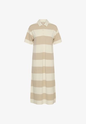 Vestido tipo polo a rayas horizontales en beige y crema, de manga corta, con cuello y tapeta de botones en la parte frontal, largo hasta la rodilla y con dos bolsillos delanteros.