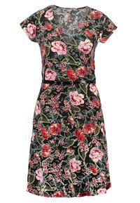 Sukienka w kwiaty wykonana z lekkiego materiału; posiada krótkie rękawy, dekolt w serek oraz dopasowaną talię z czarnym paskiem. Ciemne tło z różowymi i czerwonymi kwiatami.