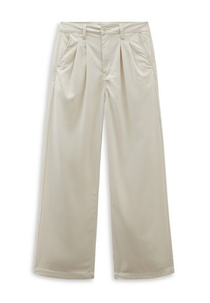 Beige wijde broek gemaakt van een zachte stof, met plooien aan de voorkant, een knoopsluiting en zijzakken.