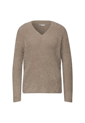Beige v-hals sweater med lange ærmer, struktureret strik, afslappet pasform og subtil ribkantdetalje. Mærke synligt indenfor halsudskæringen.