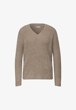 Beige v-hals sweater med lange ærmer, struktureret strik, afslappet pasform og subtil ribkantdetalje. Mærke synligt indenfor halsudskæringen.