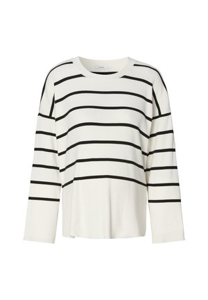 Biała bluzka z długim rękawem, z poziomymi czarnymi paskami, okrągłym dekoltem i lekko luźnym krojem z zaokrąglonym dołem.