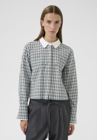 Camisa de manga larga de cuadros en azul y blanco con un cuello blanco de contraste, presenta un cierre frontal abotonado y puños acampanados. Bolsillos frontales planos visibles.