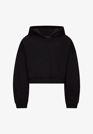 Felpa nera corta con maniche lunghe, polsini e orlo a coste, e logo "RJ" discreto sul lato sinistro del petto.