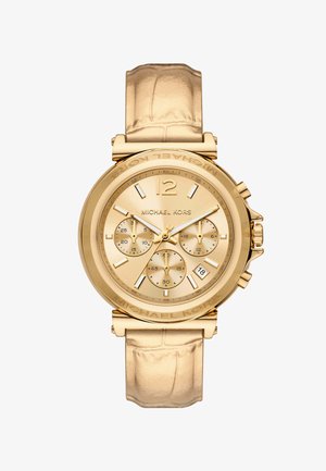 Goudkleurig horloge met leren band. Ronde wijzerplaat met vier subwijzerplaten, datumaanduiding en verhoogde uurmarkeringen. Logo is in de bezel gegraveerd.
