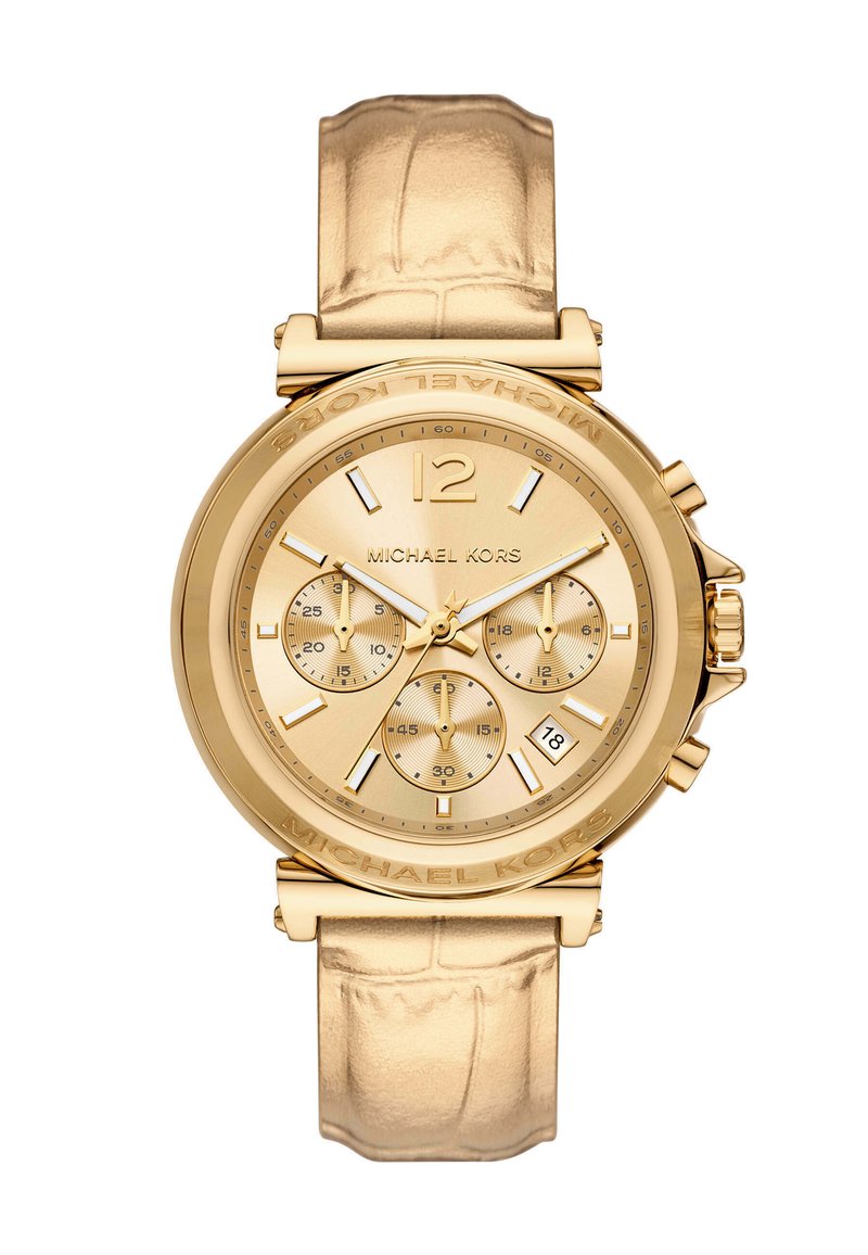Orologio color oro con cinturino in pelle. Il quadrante rotondo presenta quattro sottodial, visualizzazione della data e marcatori delle ore in rilievo. Logo impresso sulla lunetta.