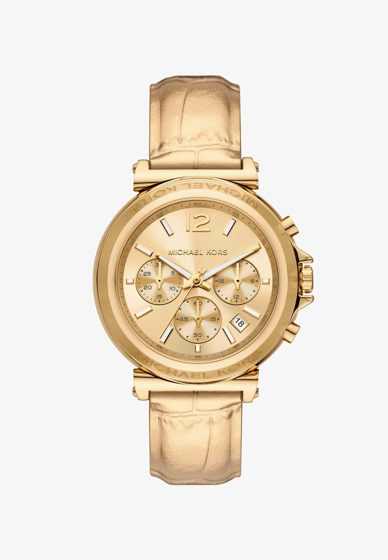 Reloj dorado con correa de cuero. La esfera redonda presenta cuatro subesferas, visualización de la fecha y marcadores de horas en relieve. Logo grabado en el bisel.
