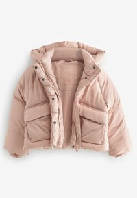 Gekürzte rosa Puffjacke mit Kapuze, Druckknopfverschluss und zwei Fronttaschen, gefertigt aus glänzendem, gestepptem Stoff mit weicher Textur.