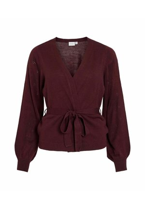 Burgundy wrap cardigan with long puff sleeves, a deep V-neck, and a tie belt at the waist. Made from a soft knit fabric with subtle texture.