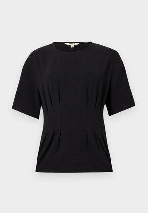 Svart kortermet kvinnetopp med rund halsringning og subtile livfolder, merket "ONLY", vist på lys ensfarget bakgrunn.