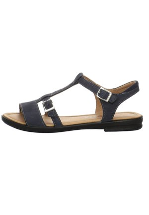 Dunkelblaue Leder-Sandale mit verstellbaren Schnallen, offenes Design, flache Sohle und hellbraune Einlegesohle, mit kontrastierenden weißen Nähten.
