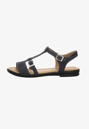 Dunkelblaue Leder-Sandale mit verstellbaren Schnallen, offenes Design, flache Sohle und hellbraune Einlegesohle, mit kontrastierenden weißen Nähten.