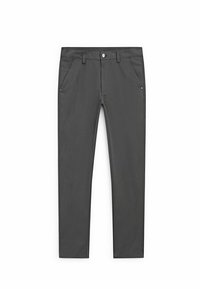 Gray trousers made of smooth fabric. They feature a classic straight cut, front pockets, and a button fastening at the waist.
