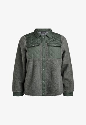 Green jacket featuring a quilted design on the upper section and soft, textured fleece on the bottom, with two chest pockets and snap buttons.