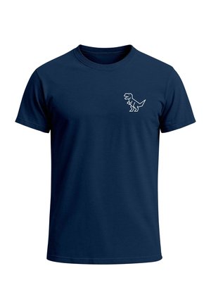 Navy T-Shirt aus Baumwolle mit Rundhalsausschnitt. Verfügt über einen weißen Umriss eines Dinosauriers, der auf der oberen linken Brustfläche aufgedruckt ist.