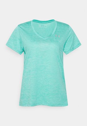 Lyseblågrøn meleret kortærmet atletisk T-shirt med V-hals og lille logo på venstre bryst mod en hvid baggrund.