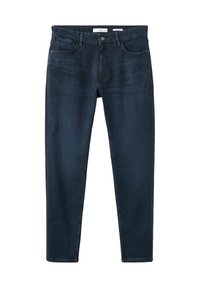 Jean en denim bleu foncé avec poches avant et passants de ceinture, présenté à plat avec fermeture par bouton et zip.