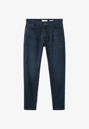 Donkerblauwe denim jeans met voorzakken en riemlussen, plat uitgestald met knoop- en ritssluiting.