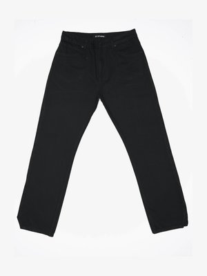 Black denim jeans with a straight-leg design, featuring a mid-rise waist, five pockets, and subtle stitching details.