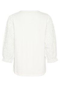 White blouse featuring short, textured puff sleeves with floral embroidery and eyelet details, rounded neckline, and a relaxed fit.