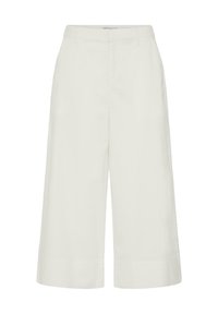 Pantalon court à jambes larges couleur écrue avec passants de ceinture, fermeture devant à boutons et design épuré et minimaliste.