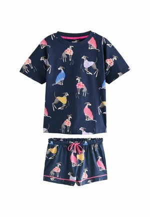 Navy blauwe pyjama set met korte mouwen en shorts, versierd met speelse greyhounds in kleurrijke jassen en stippen. Elastische tailleband met een roze trekkoord.