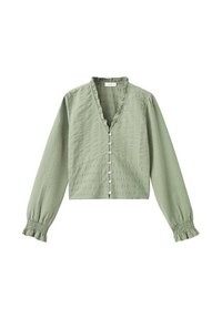 Jasnozielona krótka bluzka z dekoltem w kształcie litery V, z przodu na guziki, z teksturowanej tkaniny oraz elastycznymi mankietami z falbanką.