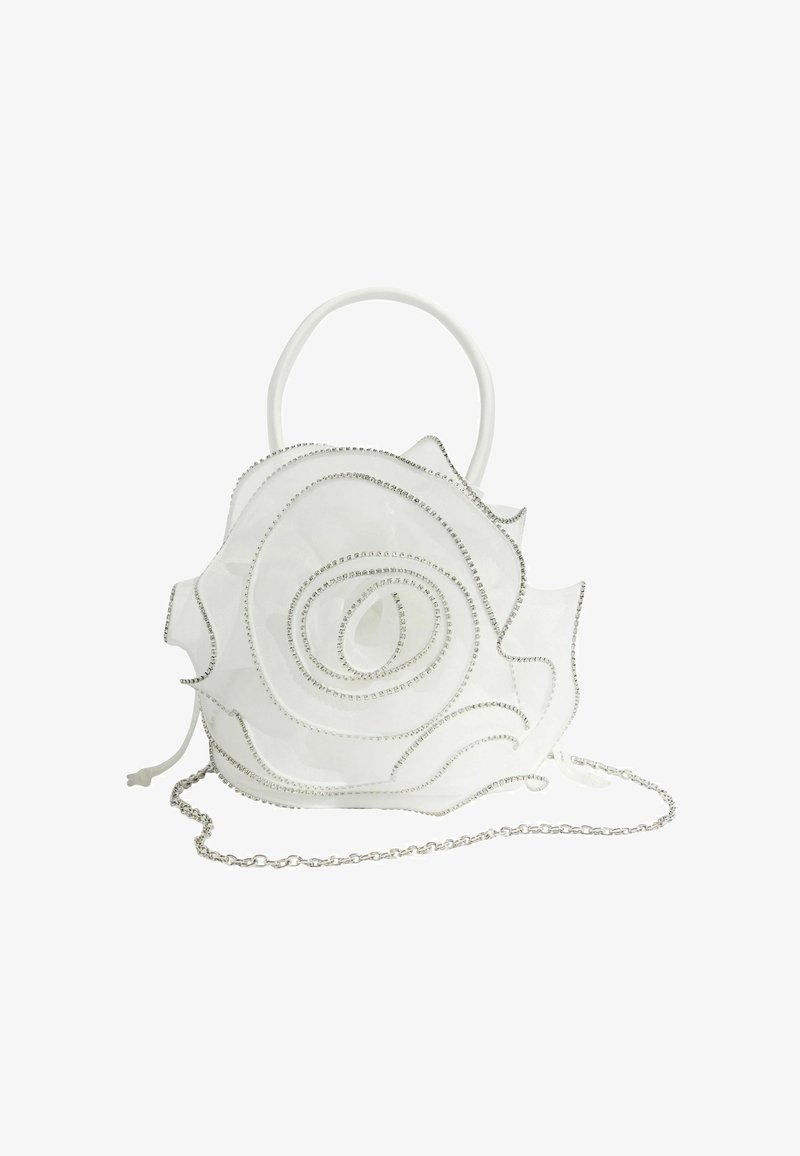 Valge käekott roosi kujul, millel on kihiline õielehekujundus, hõbedased helmeste aktsendid ja eemaldatav hõbedane kettpannal.