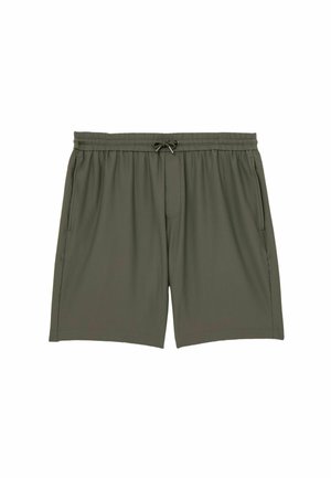 Luźne szorty w oliwkowej zieleni z elastycznym pasem, wiązaniem oraz bocznymi kieszeniami, ułożone płasko na białym tle.