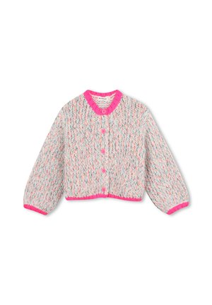 Cardigan en maille épaisse avec fil multicolore dans des tons pastel, bordure rose vif au col, aux poignets, à l'ourlet et boutons roses assortis sur le devant.