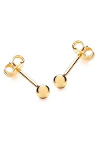 Goudkleurige metalen oorbellen met een cirkelvormig balontwerp aan het uiteinde en een lusdetail nabij de stud, met een gepolijste afwerking.