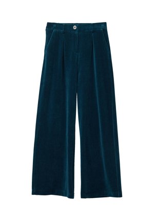 Breedbenige broek gemaakt van teal corduroy met een gemêleerd ribbelpatroon, met voorzakken en een knoopsluiting bij de taille.