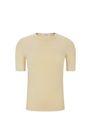Kortærmet, cremefarvet t-shirt lavet af ribstrikket stof med rund halsudskæring og slank pasform.