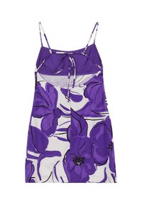 Lila Blumenkleid mit spaghettiträgern, ausgestattet mit einer Krawatte an der Vorderseite und kräftigen, violetten Blüten auf einem weißen Hintergrund. Leichter, glatter Stoff.