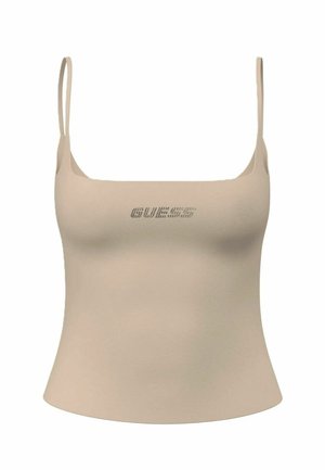 Top corto beige con spalline sottili e piccolo logo "GUESS" impreziosito da cristalli al centro del petto.