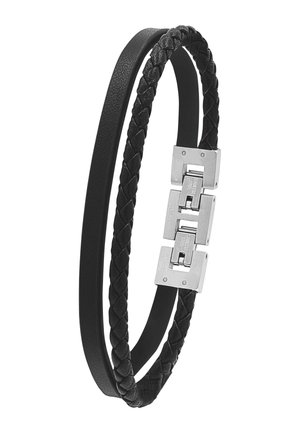 Czarna bransoletka z podwójnym paskiem: jeden gładki pasek ze skóry i jeden pleciony pasek ze skóry, zapinana na prostokątne zapięcie ze stali nierdzewnej.