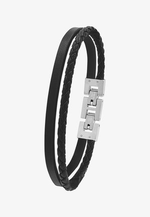 Schwarzes Doppelbandarmband mit einem glatten Lederband und einem geflochtenen Lederband, befestigt mit einer rechteckigen Edelstahlschließe.