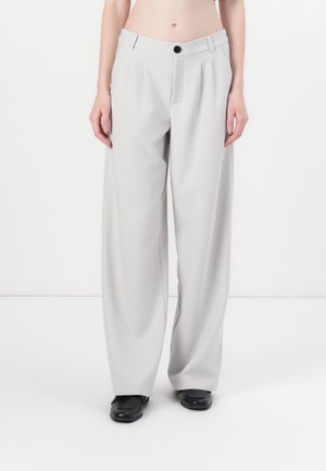 Light gray wide-leg trousers with a tailored fit, featuring a front button closure, belt loops, and side pockets. Smooth fabric texture.