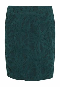 Mini-jupe vert foncé avec motif floral texturé et taille élastique.