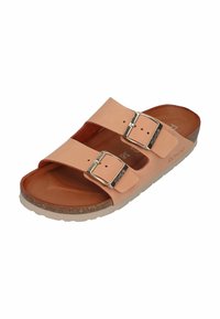 Tan leather sandals with two adjustable straps, silver buckles, and cork footbed. The sole is light and slightly textured.
