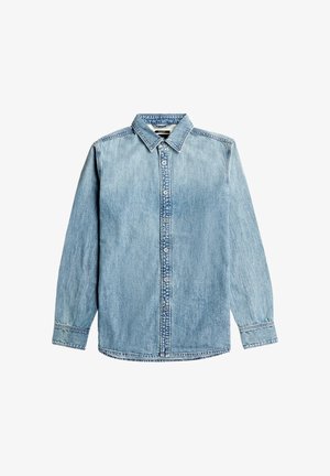 Light blue denim shirt, button-up design, classic collar, long sleeves, subtle stitching details, and a slightly relaxed fit.
