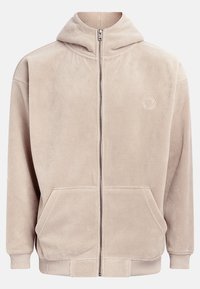 Beige fleece hoodie with a full zipper, hood, and two front pockets. Features ribbed cuffs and an embroidered logo on the left chest.