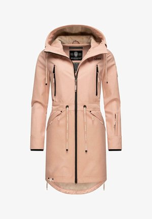 Rosa vattentålig parka med dragsko i midjan, flera fickor med dragkedja och huva. Har ett slätt, matt tyg och en längre nederkant.