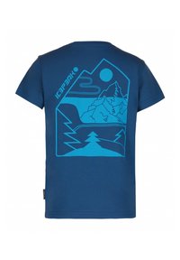 T-shirt en coton bleu marine avec un grand graphisme bleu clair représentant des montagnes, des arbres et un soleil, et un design géométrique au dos.