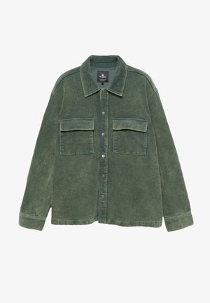 Grüne Cordhemdjacke mit Kragen, vorderem Knopfverschluss und zwei Brusttaschen. Rippstruktur über die gesamte Oberfläche.