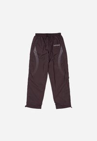 Black athletic pants with elastic waistband, side mesh panels, and zippers at the ankles. Features branding on the front. Lightweight fabric.