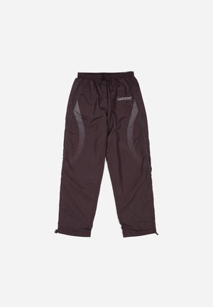 Black athletic pants with elastic waistband, side mesh panels, and zippers at the ankles. Features branding on the front. Lightweight fabric.