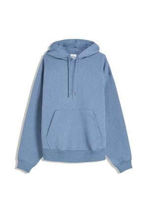 Felpa con cappuccio di colore azzurro chiaro, con maniche lunghe, tasca a marsupio frontale e cappuccio regolabile, esposta su uno sfondo bianco.